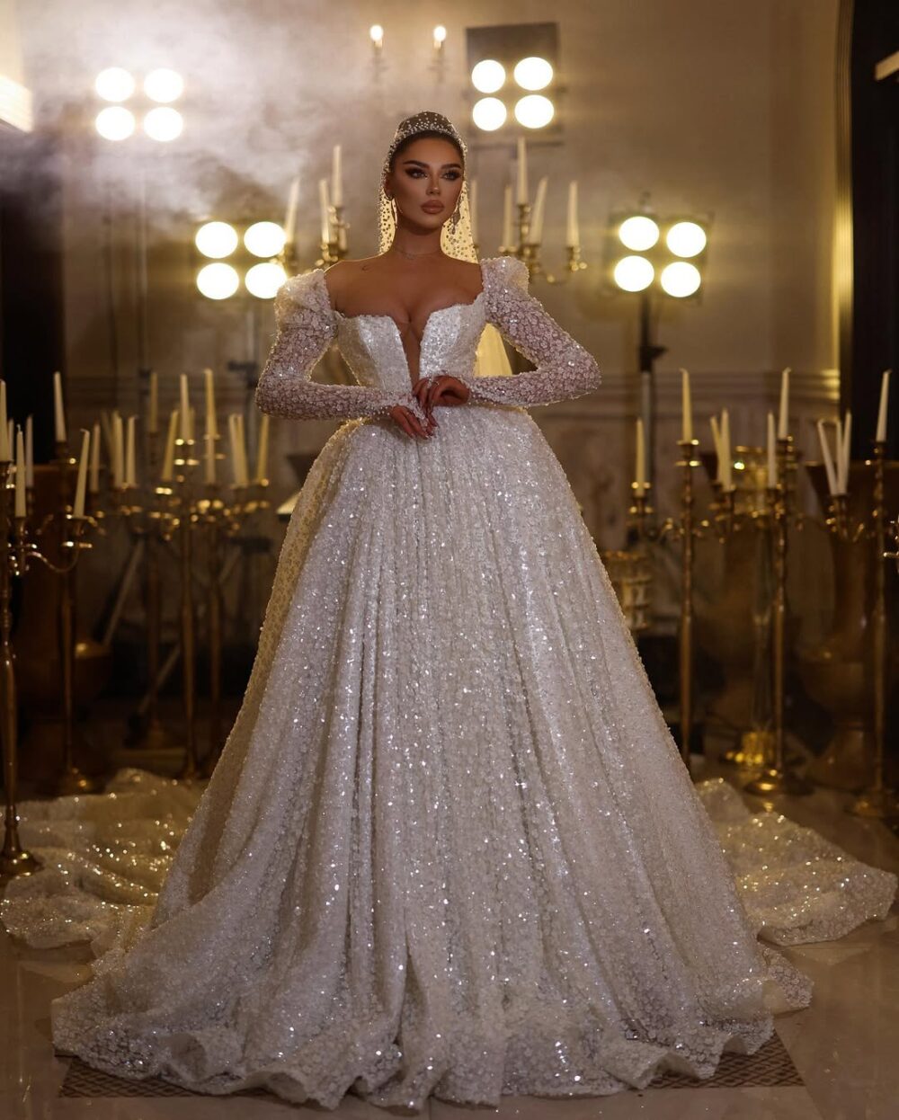 Royal Sparkling Long-Sleeve Ball Gown