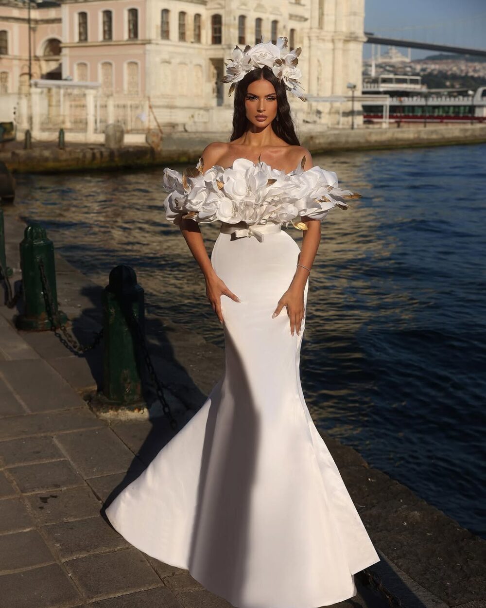 White Floral Off-Shoulder Mermaid Gown