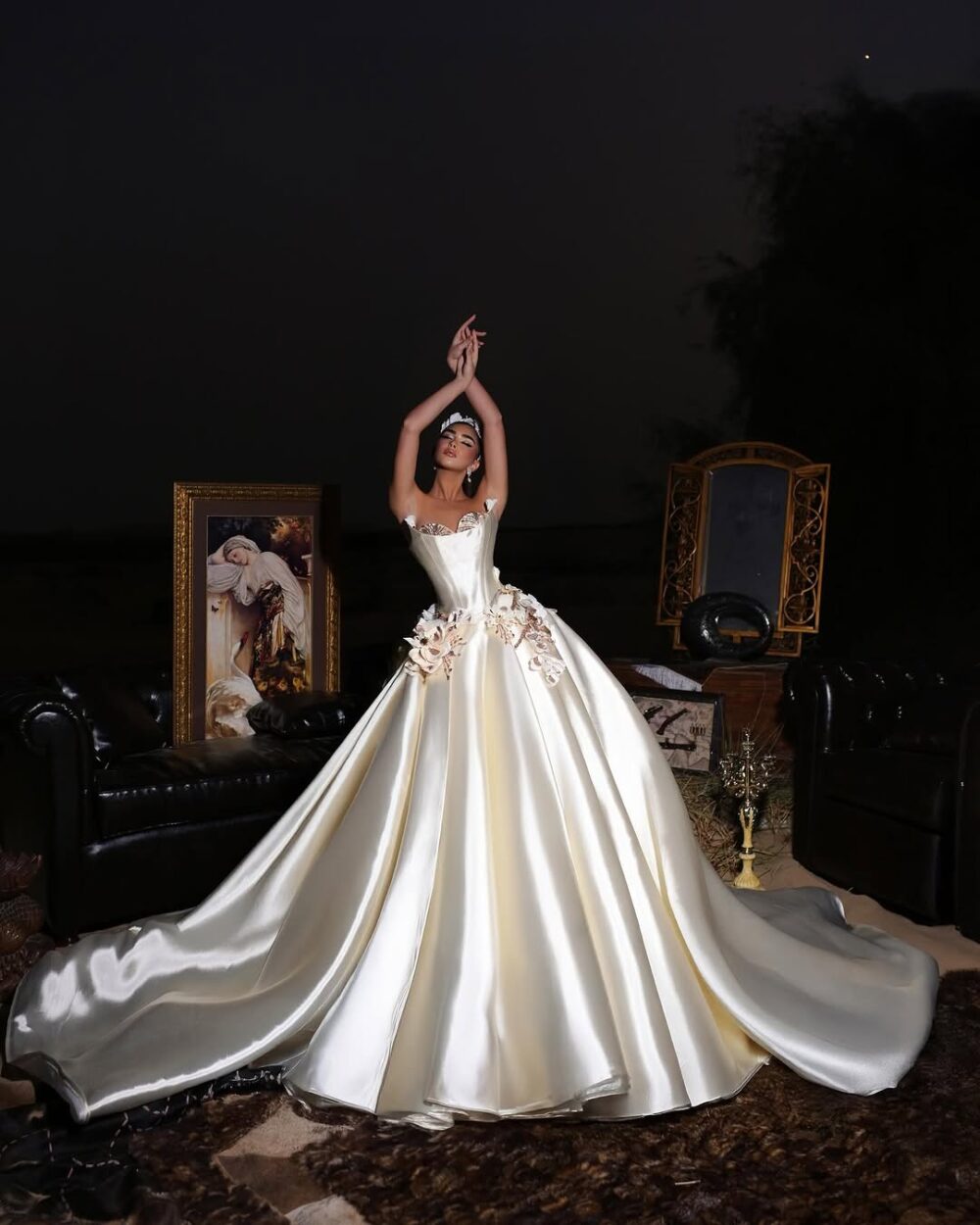 Luxe Satin Ball Gown with Floral Embellishments - Image 2