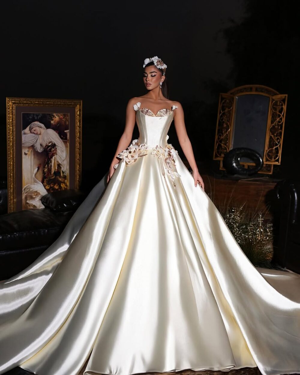 Luxe Satin Ball Gown with Floral Embellishments