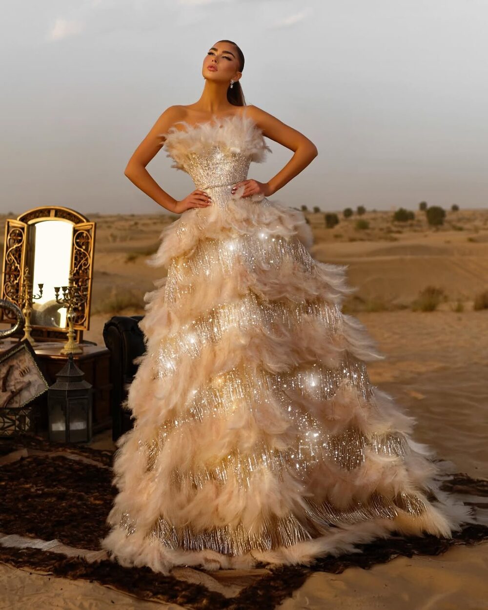 Feathered & Crystal Embellished Ball Gown