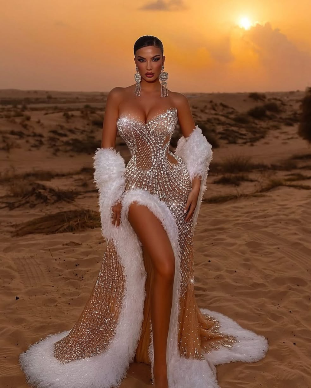 Golden Goddess Crystal Gown with Faux Fur